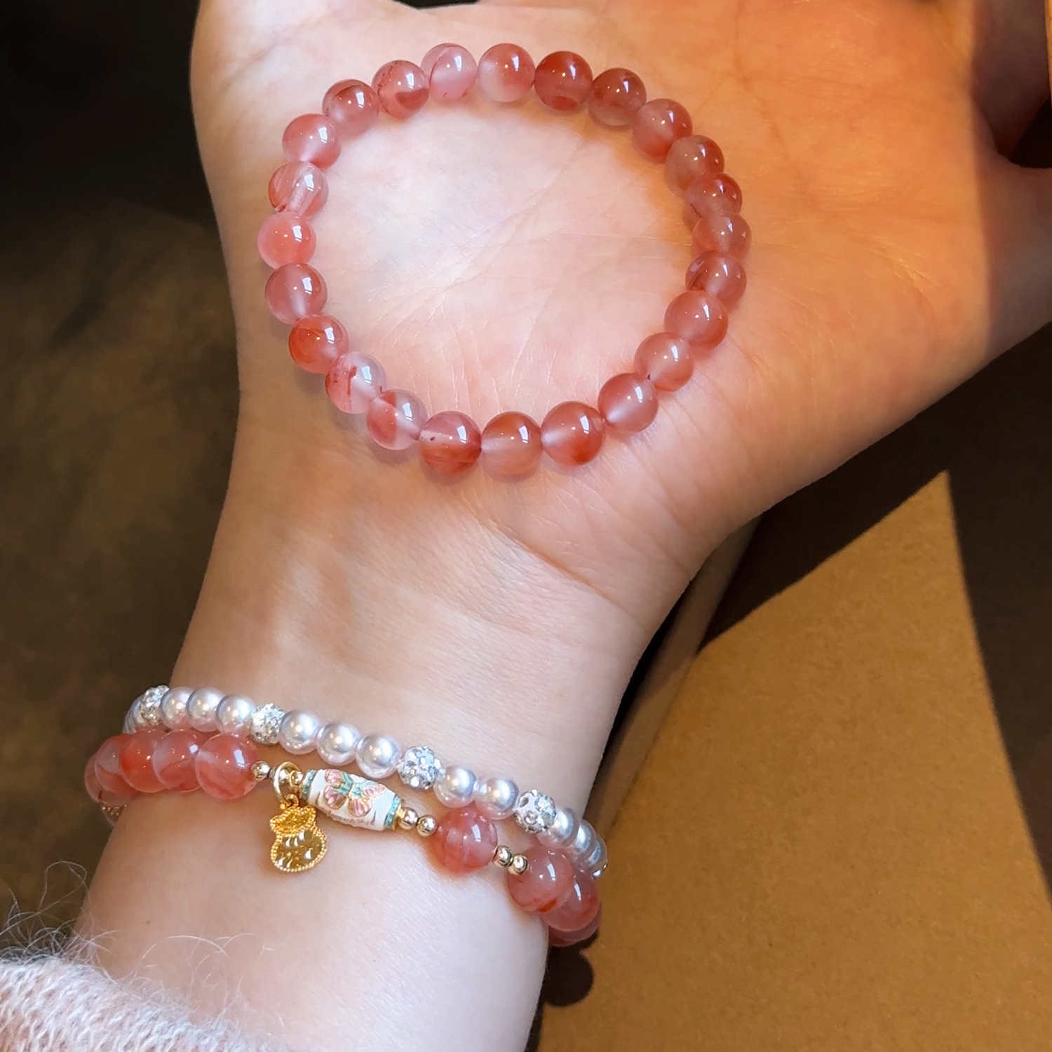 Ingot Enamel & Icy-Patterned Nanhong Agate Bracelet – Mother’s Day Gift