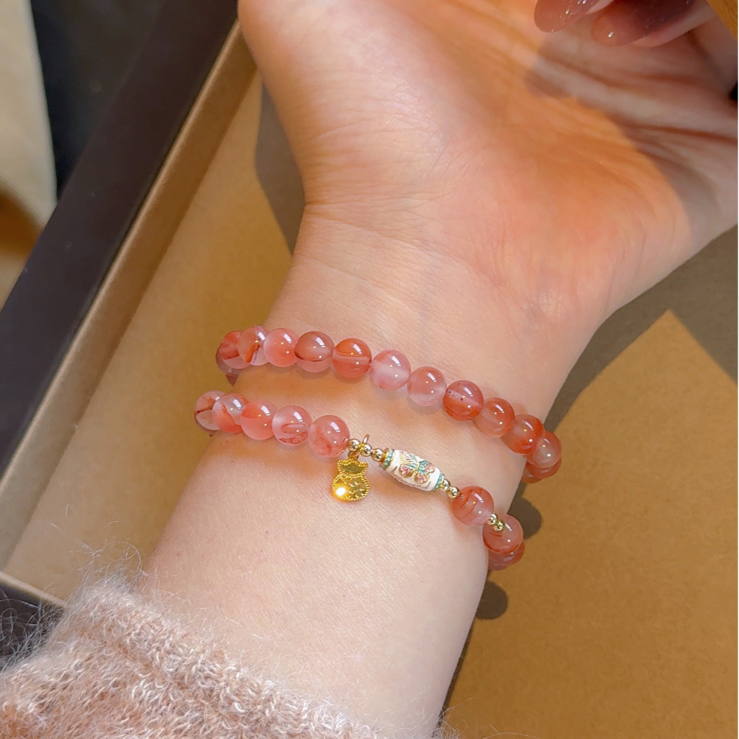 Ingot Enamel & Icy-Patterned Nanhong Agate Bracelet – Mother’s Day Gift