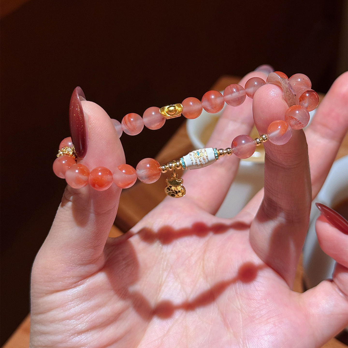 Ingot Enamel & Icy-Patterned Nanhong Agate Bracelet – Mother’s Day Gift
