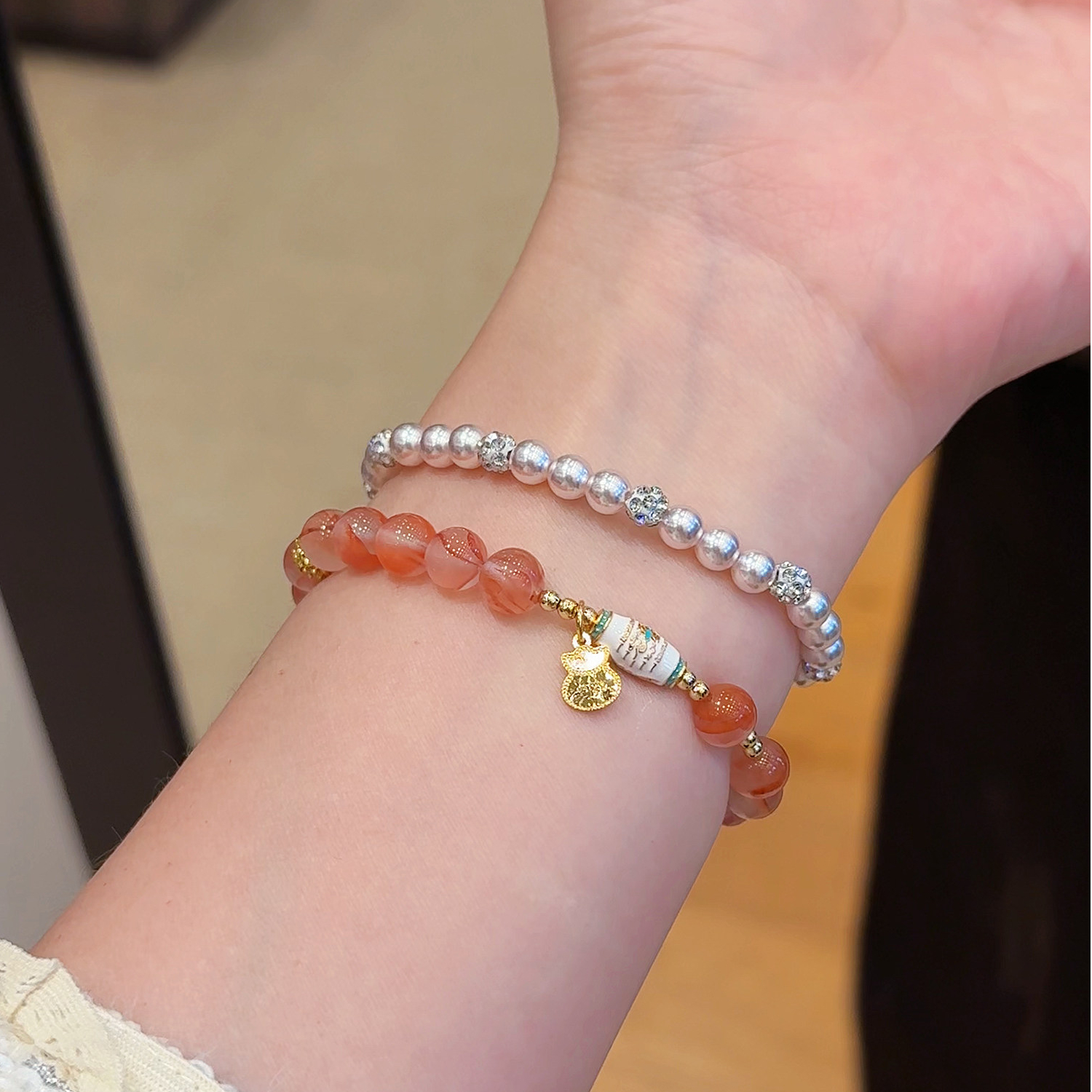 Ingot Enamel & Icy-Patterned Nanhong Agate Bracelet – Mother’s Day Gift