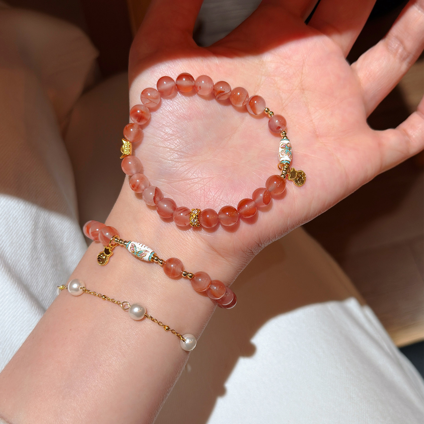 Ingot Enamel & Icy-Patterned Nanhong Agate Bracelet – Mother’s Day Gift